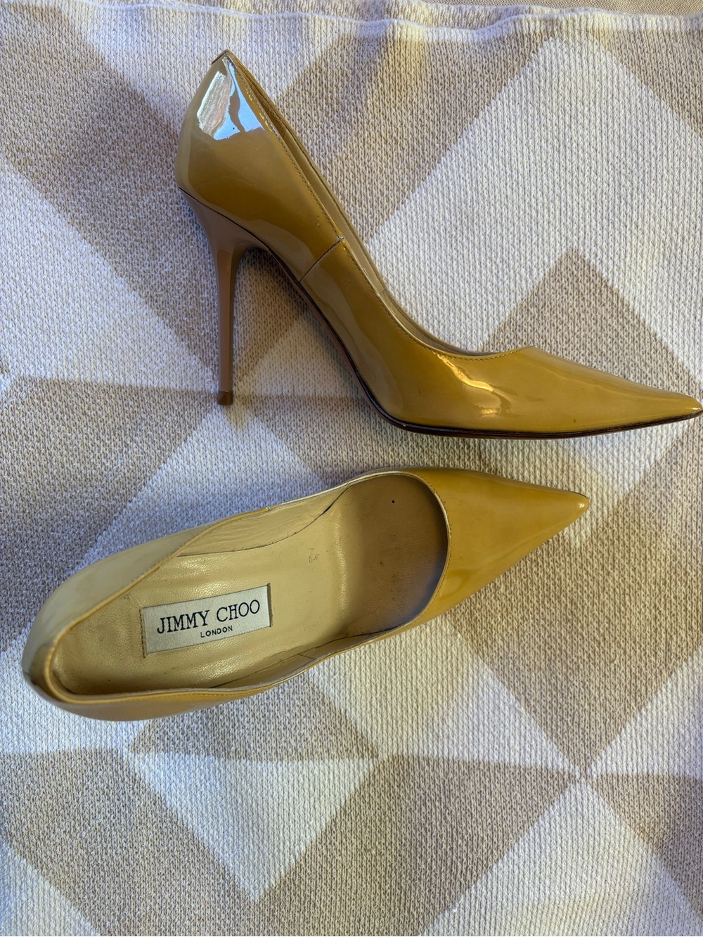 Jimmy Choo Tan Patent Pointed-Toe Stiletto Pumps